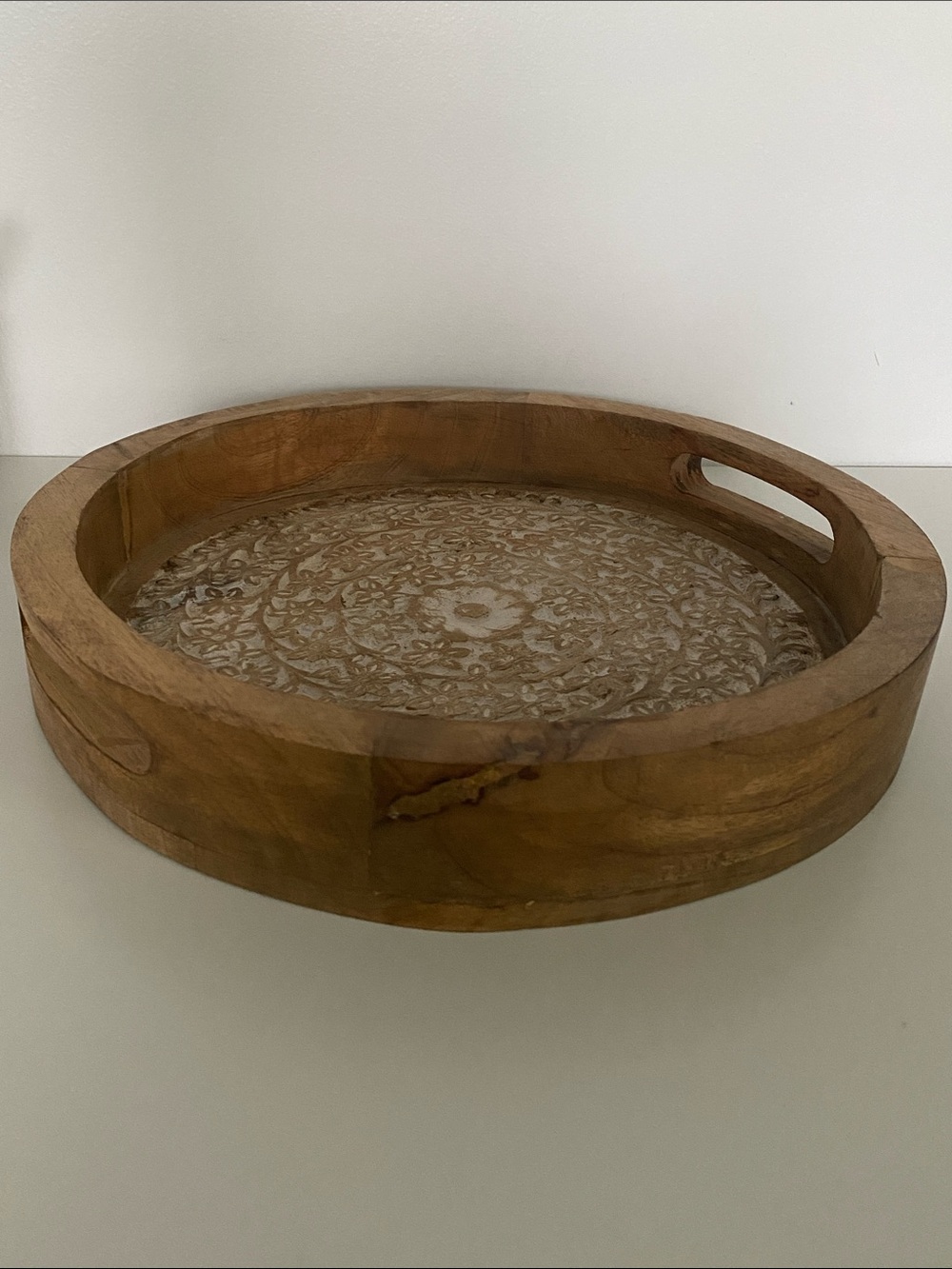 Wooden Round Serving Tray with Carved Inlay - Natural Brown